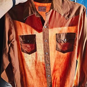 VTG 70s Western Fashions Pearl Snap Shirt Mens Large Rust Brown Paper Thin Yoke